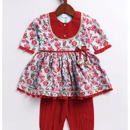 Vastramay Cotton Three Fourth Sleeves Floral Printed Kurta And Pant Set - Aqua And Red image 3