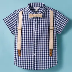 toffyhouse Toffy House Cotton Knit Half Sleeves Shirt with Suspenders Attached & Shorts Set with With Bow & Checks - Blue & Tan image 2