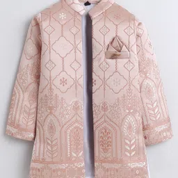 Fourfolds Woven Solid Sherwani Pant With Full Sleeves Floral Embroidered Jacket Set - Blush Pink image 3