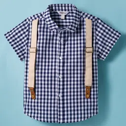 toffyhouse Toffy House Cotton Knit Half Sleeves Shirt with Suspenders Attached & Shorts Set with With Bow & Checks - Blue & Tan image 3