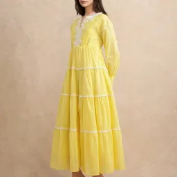 RAREISM Mustard Cotton Solid Long Sleeves Dress image 4