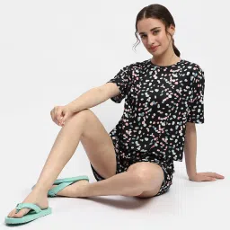 MADAME M Secret Black Cotton Printed T-Shirt With Shorts image 4