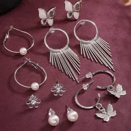 NVR Silver Plated Contemporary Drop Earrings Set of 6-image-46
