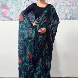Satrani Blue Floral Print Saree With Unstitched Blouse image 4