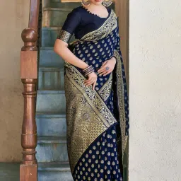 Satrani Navy Woven Saree With Unstitched Blouse image 4