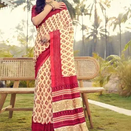 Satrani Pastel Yellow & Red Cotton Printed Saree With Unstitched Blouse image 4