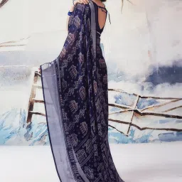 Satrani Navy Printed Saree With Unstitched Blouse image 4