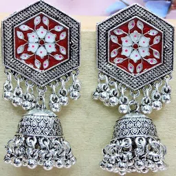 VATSALYA creation Silver-Plated Artificial Stones Studded & Beaded Dome Shaped Jhumkas image 2