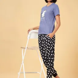 YU by Pantaloons Blue & Black Cotton Printed T-Shirt Pyjamas Set image 4