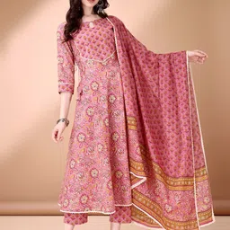 Anouk Floral Printed Regular Pure Cotton Anarkali Kurta with Trousers & Dupatta image 1