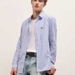The Bear House Blue Cotton Slim Fit Stripes Casual Shirt-picture-36