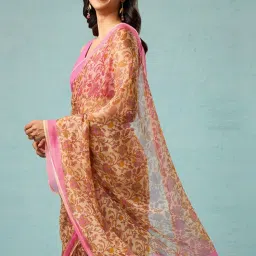 Taneira Yellow & Pink Floral Print Saree With Unstitched Blouse image 4