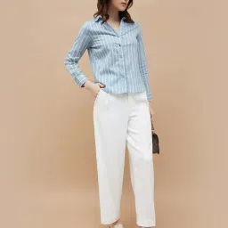 Code By Lifestyle Blue Cotton Regular Fit Striped Shirt image 4