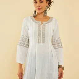 Soch White Rayon Slub Yoke Embroidery A-Line Tunic With Darts image 4
