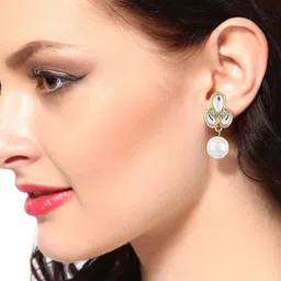 Estele Gold & White Teardrop Shaped Drop Earrings image 1