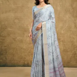 Satrani Blue Chanderi Printed Saree With Unstitched Blouse-picture-27