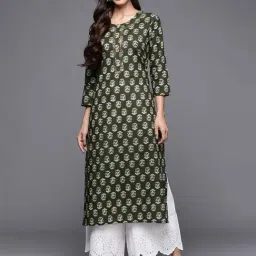 Varanga Green Cotton Floral Print Straight Kurta-image-68