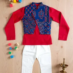 Sangria Boys Pure Cotton Mandarin Collar Kurta-Pyjama With Printed Jacket Set image 4