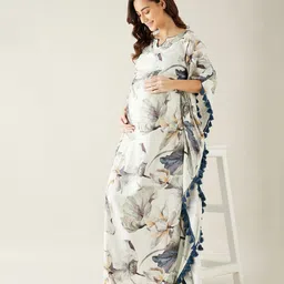The Kaftan Company Three Fourth Batwing Sleeves Seamless Digital Vintage Floral Printed Kaftan Maternity Feeding Lounge Dress - Off White-image-6