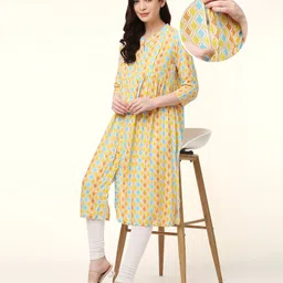 Bella Mama Woven Three Fourth Sleeves Maternity Kurta Printed - Yellow-picture-22