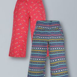 Plum Tree Pack Of 2  Striped & Pineapple  Printed Cotton Flared Palazzos  -  Navy Blue And Pink-picture-48