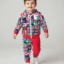 Babyhug Terry Knit Full Sleeves Text Printed Hooded Sweatjacket & Joggers Set - Red & Blue image 1