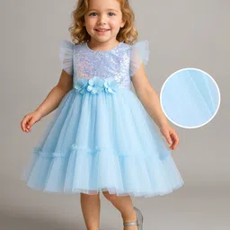 Babyhug Woven Ruffles at Sleeves Sequined Yoke Mesh Tiered Party Frock with Floral Applique - Light Blue-image-68