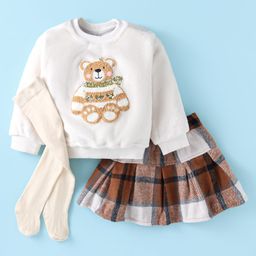Little Kangaroos Fleece Knit Full Sleeves Winter Wear Sweatshirt &Checkered Skirt with Stockings & Bear Patch - Off White-picture-12