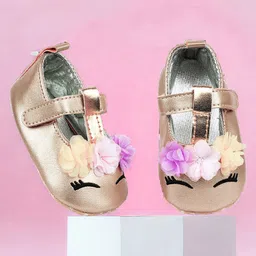 Baby Moo Cute Princess Designed Floral Applique Anti Skid Metallic Ballerinas - Gold-picture-19