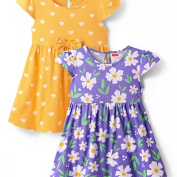 Babyhug Single Jersey Knit Cap Sleeves Floral & Heart Printed Frocks With Bow Applique Pack of 2 -Orange & Navy Blue-picture-22