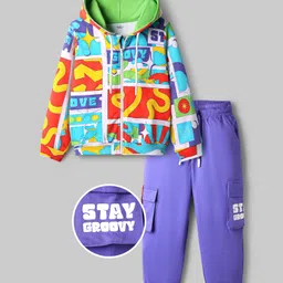 OLLINGTON ST. Cotton Knit Full Sleeves Text Printed Hooded Sweatshirt & Knit Joggers - Multicolor & Purple-picture-26