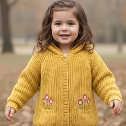 Babyhug Knit Full Raglan Sleeves Hooded Sweater With Floral Embroidery - Mustard-picture-13
