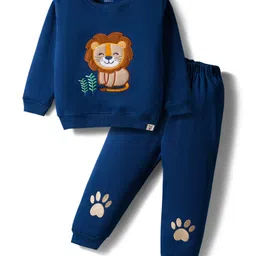 Little Darlings Fleece Knit Full Sleeves Winter Wear T-Shirt & Joggers Set With Lion Patch & Embroidery - Navy Blue image 1
