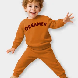 Mi Arcus Knit Full Sleeves Dreamer Text Embroidered Sweatshirt & Joggers Set - Rust-image-21
