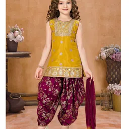 Lagorii Silk Woven Sleeveless Floral Embroidered Sequins Embellished Kurti Patiala With Dupatta Set - Mustard-picture-21