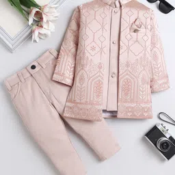Fourfolds Woven Solid Sherwani Pant With Full Sleeves Floral Embroidered Jacket Set - Blush Pink-picture-10