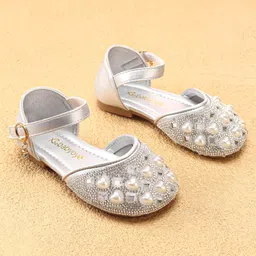 Babyoye Sandals with Backstrap Closure & Pearl Embellishments - Silver image 2