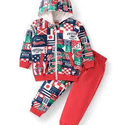 Babyhug Terry Knit Full Sleeves Text Printed Hooded Sweatjacket & Joggers Set - Red & Blue image 2