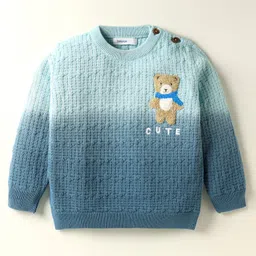 Babyoye 100% Cotton Knit Full Sleeves Pullover with Bear Embroidery - Light Blue image 2