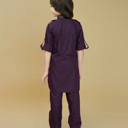 Ministitch Cotton Silk Woven Full Sleeves Foil Printed Pathani Kurta And Pant Set - Wine image 3