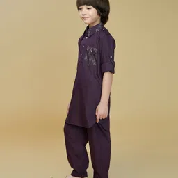 Ministitch Cotton Silk Woven Full Sleeves Foil Printed Pathani Kurta And Pant Set - Wine image 4