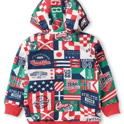 Babyhug Terry Knit Full Sleeves Text Printed Hooded Sweatjacket & Joggers Set - Red & Blue image 4