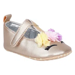 Baby Moo Cute Princess Designed Floral Applique Anti Skid Metallic Ballerinas - Gold image 5
