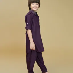 Ministitch Cotton Silk Woven Full Sleeves Foil Printed Pathani Kurta And Pant Set - Wine image 5