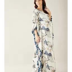 The Kaftan Company Three Fourth Batwing Sleeves Seamless Digital Vintage Floral Printed Kaftan Maternity Feeding Lounge Dress - Off White image 5