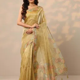 Libas Gold Floral Print Saree With Unstitched Blouse-image-4