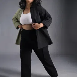 High Star Black & Olive Cotton Color-Block Oversized Shirt image 4