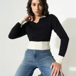 Sf Jeans By Pantaloons Jet Black Slim Fit Color-Block Sweater image 4