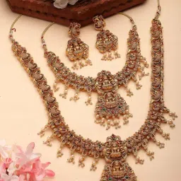 NVR Gold Plated Green & Red Stone Studded Lakshmi Design Temple Jewellery Set Pack of 2-picture-12