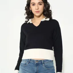 Sf Jeans By Pantaloons Jet Black Slim Fit Color-Block Sweater-picture-37